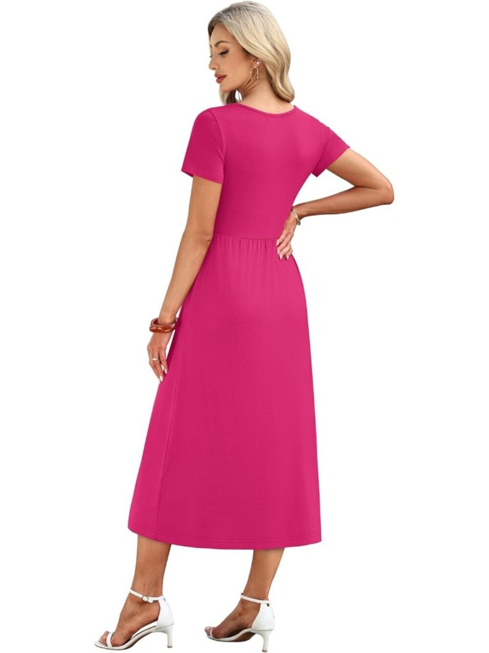 Women's Solid Pink Flowy Casual A Line Midi Beach Sundresses With Pocket - Picture 5 of 5